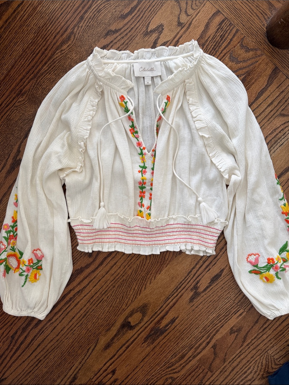 Cleobella Smocked Ruffle Flower Embroidered Blouse Size Medium